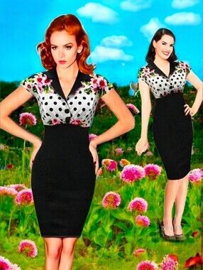 1950's Rockabilly Polka Dot Floral Wiggle Pencil Sheath Bodycon Dress. Sz. L